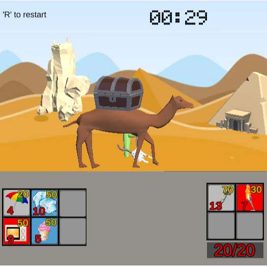 
            A camel with a chest on it's back moves towards a market, back dropped by a desert.
            In the footer there is an inventory containing items including cold (blue) items,
            hot (red) items all with different prices and weights. On the right 
            is the camels inventory containing an axe and torch. 
        