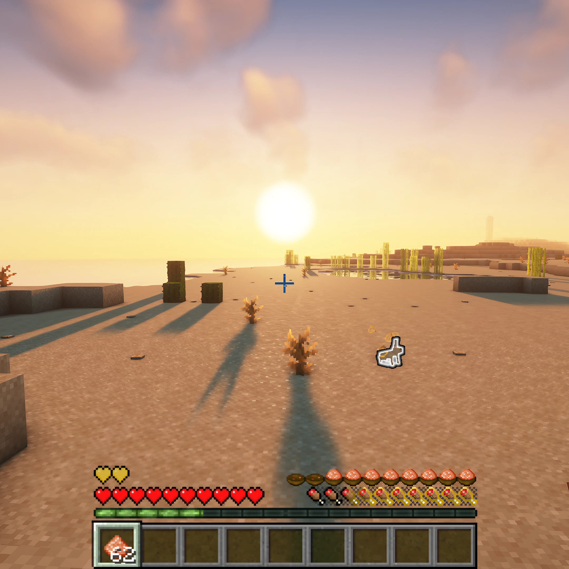 
            Minecraft with new status bar shaped as bowls of spice, 
            set in a desert. A bunny rabbit glows in the center, back dropped by 
            as setting sun
        